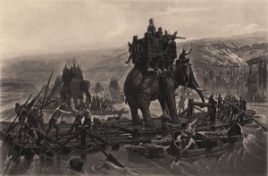 Before crossing the Alps, Hannibal had to cross the Rhone River. Credit: War elephants depicted in Hannibal Barca crossing the Rhône, by Henri Motte, 1878. Courtesy of WikiCommons.