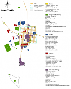 Map of the Archeological site of Timgad. Public Library is Purple #46 in the middle of the city.Courtesy of WikiCommons and Dzlinker