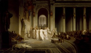La Mort de César (ca. 1859–1867) by Jean-Léon Gérôme, depicting the aftermath of the attack with Caesar's body abandoned in the foreground as the senators exult