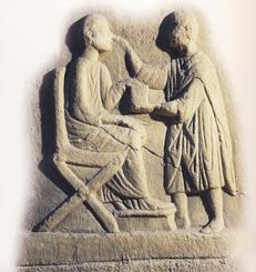 Ancient Roman bas-relief of a dentist examining a patient, A Profile of Ancient Rome. A Getty Publication.