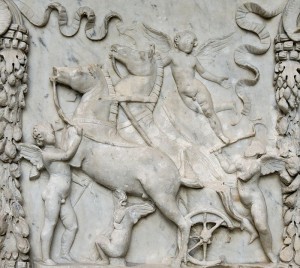 Fragmentary base for an altar of Venus and Mars, showing cupids handling the weapons and chariot of the war god, from the reign of Trajan (98–117 AD)