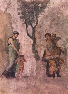 Pompeiian fresco of Peitho (left) taking Eros to Venus and Anteros, circa 25 BCE, Naples National Museum.
