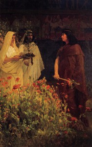 Tarquinius Superbus by Lawrence Alma-Tadema, depicting the king receiving a laurel; the poppies in the foreground refer to the "tall poppy" allegory (see below)