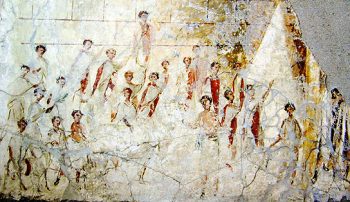 A rare painted depiction of Roman men wearing togae praetextae participating in a religious ceremony. Fresco on a building outside Pompeii.