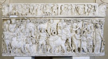 Sarcophagus with the Triumph of Dionysus. Many of the animals depicted had special significance in the mystery cult of Dionysus Sabazius, including the lizard hiding in the tree. Courtesy of Wikimedia Commons.