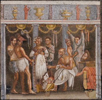 Roman mosaic depicting actors and an aulos player (House of the Tragic Poet, Pompeii) (Courtesy of Wikimedia Commons)