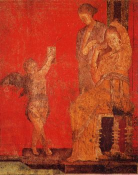 A young woman sits while a servant fixes her hair with the help of a cupid, who holds up a mirror to offer a reflection, detail of a fresco from the Villa of the Mysteries, Pompeii, c. 50 BC. Wikimedia Commons.