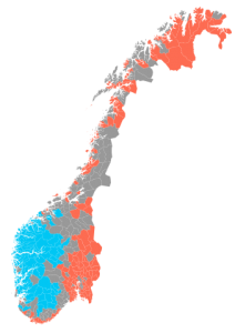 Red = bokmål; blue = nynorsk; grey = neutral. (Image from Wikimedia Commons, CC License.)