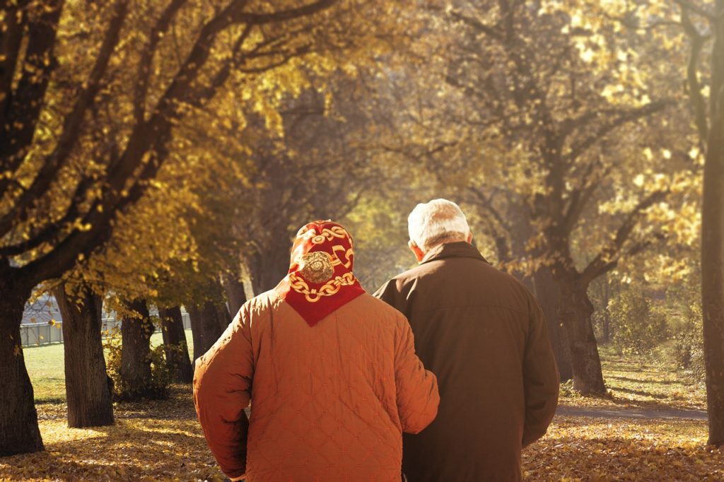 elderly couple walking in a park