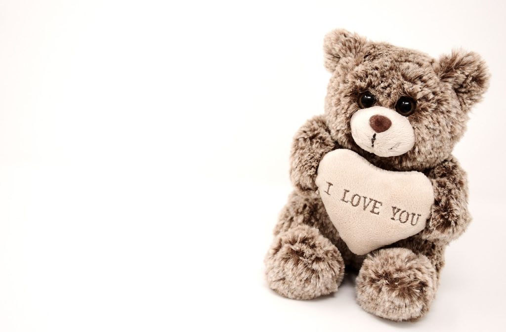 teddy bear holding a heart that says I love you