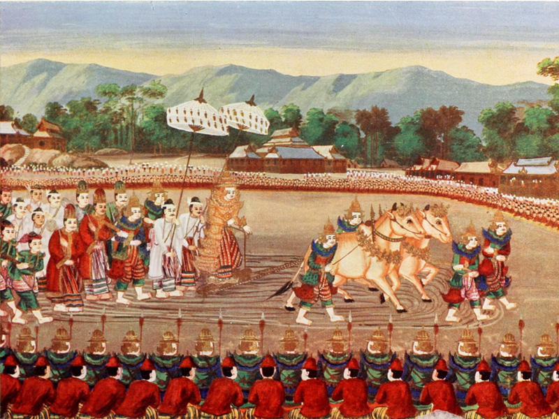 A painting depicts the ceremony in Myanmar.  By Saya Chone (Mandalay and Other Cities of the Past in Burma) [Public domain], via Wikimedia Commons